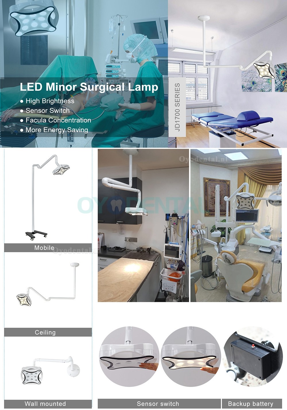 JD1700G Wandgemonteerde chirurgische lamp Tandheelkundige medische veterinaire chirurgie Licht LED-operatielamp